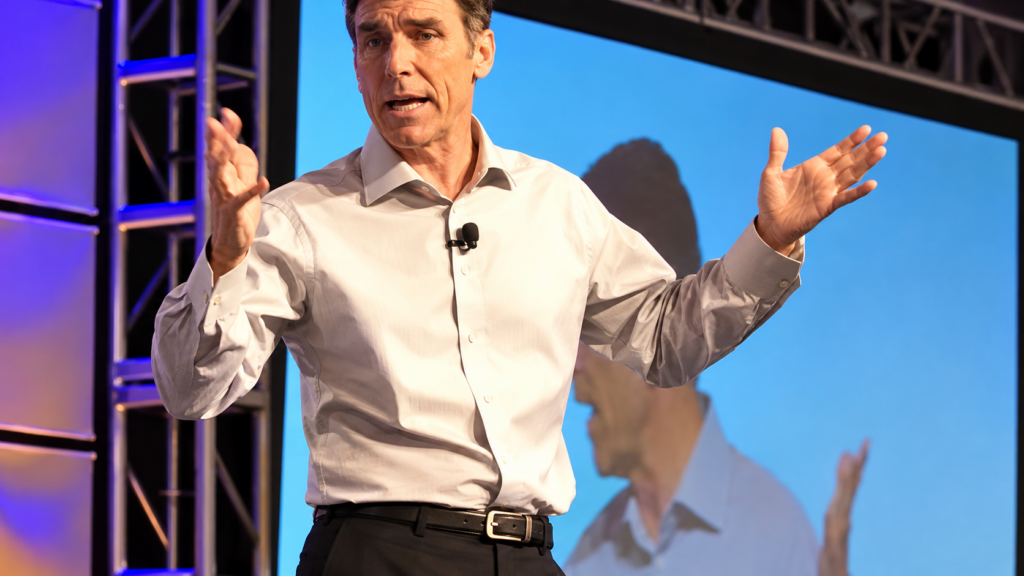 Keynote speaker Garrison Wynn gesturing to the audience during a motivational presentation